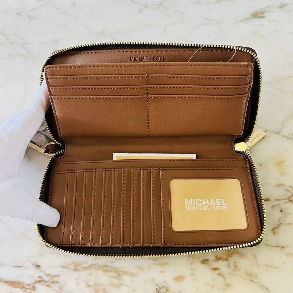 MICHAEL KORS Jet Set Travel Brown Leather Large Continental Zip Wallet Wristlet